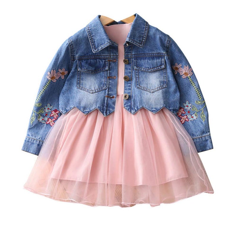 Yao Spring Autumn Little Girls Clothing Set Child Kids Denim Jacket and Long Sleeve Dress 2 Pieces Set (2T, Pink) - Image 1